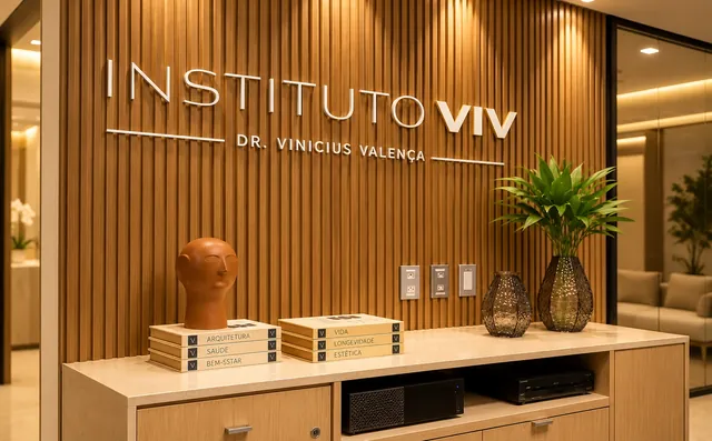 Painel de madeira com a marca Instituto VIV, aparador e vasos decorativos