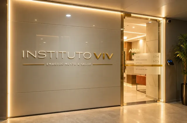 Entrada com porta de vidro e marca Instituto VIV iluminada
