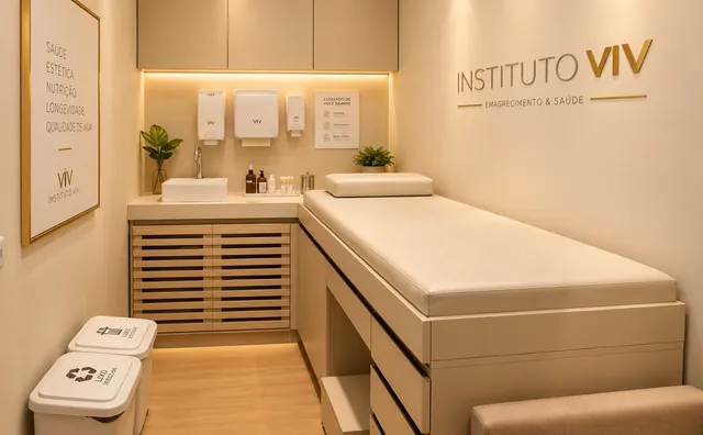 Sala com maca e armários claros
